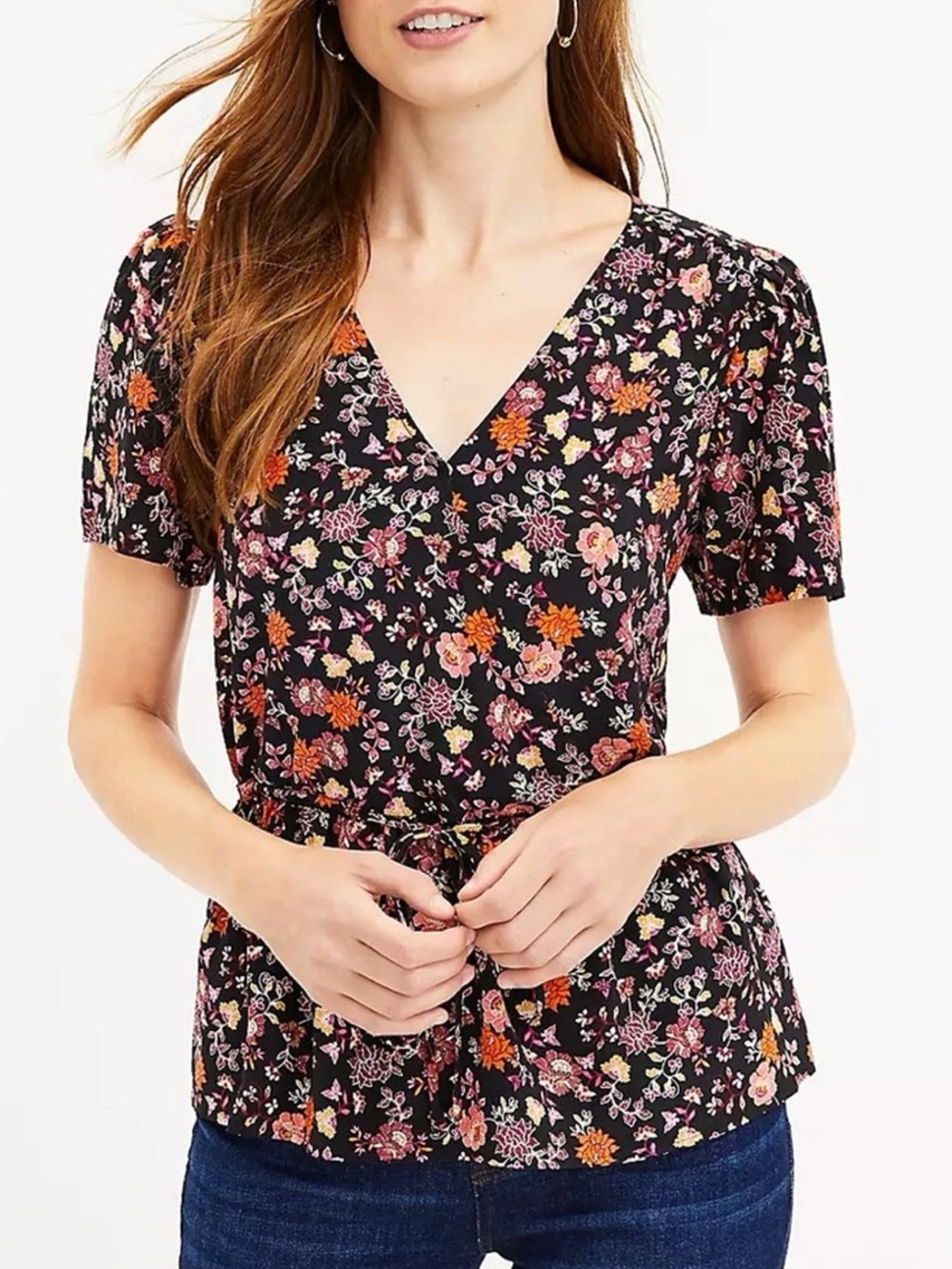 LOFT Ann Taylor Short Sleeve Top Floral V-Neck Faux Wrap Peplum Tie Top